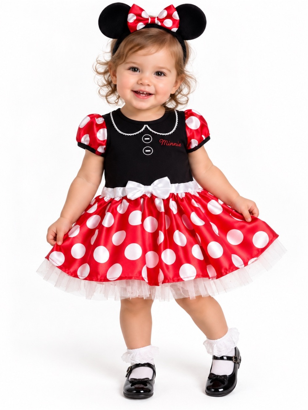 Disney Red & Black Minnie Mouse Polka Dot Toddler Costume Dress with Ears-18 mo